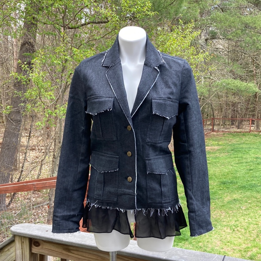 Nicole Miller Artelier ruffle hem raw edge denim jacket size S